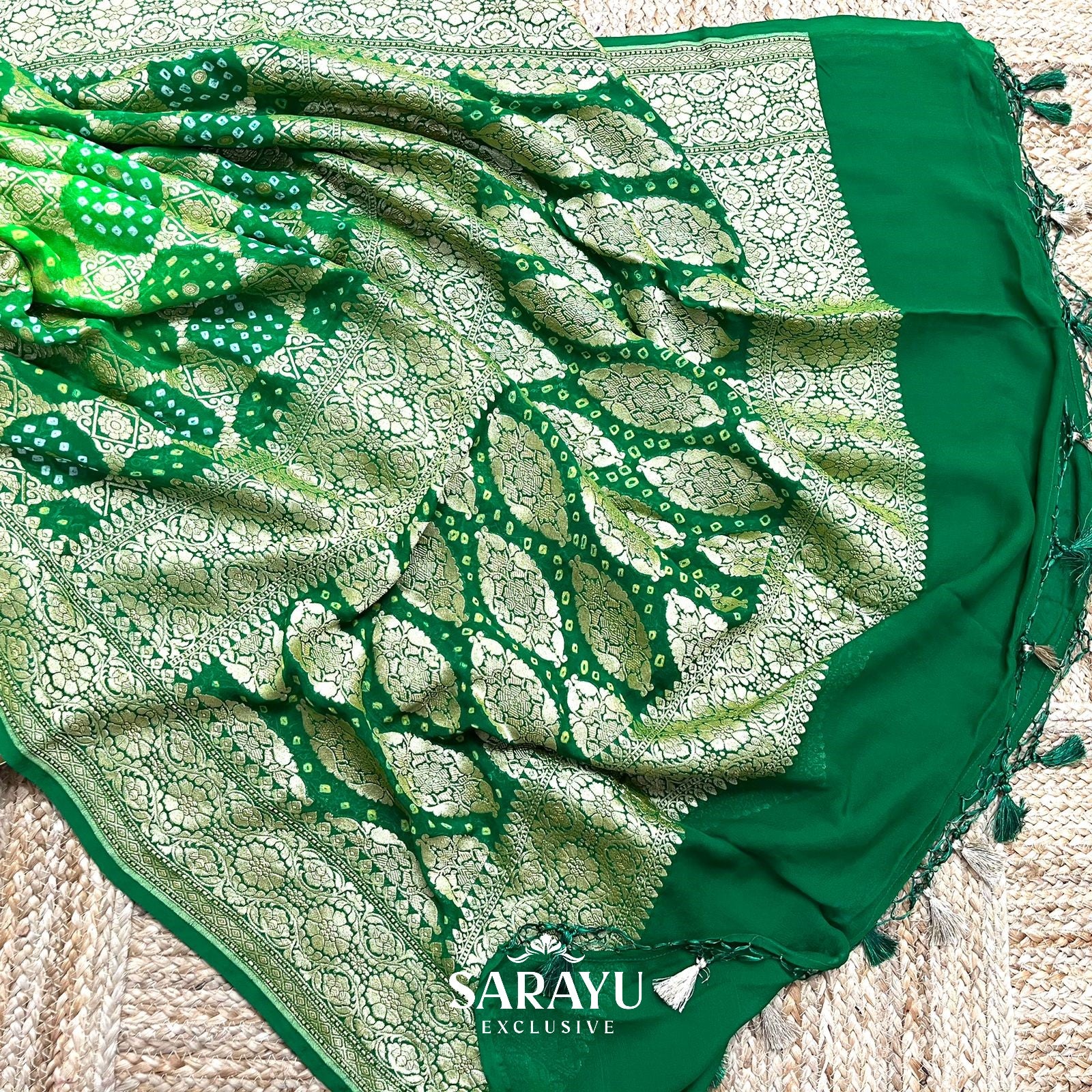 Light Green and Dark Green Pure Georgette Bandhini Dupatta